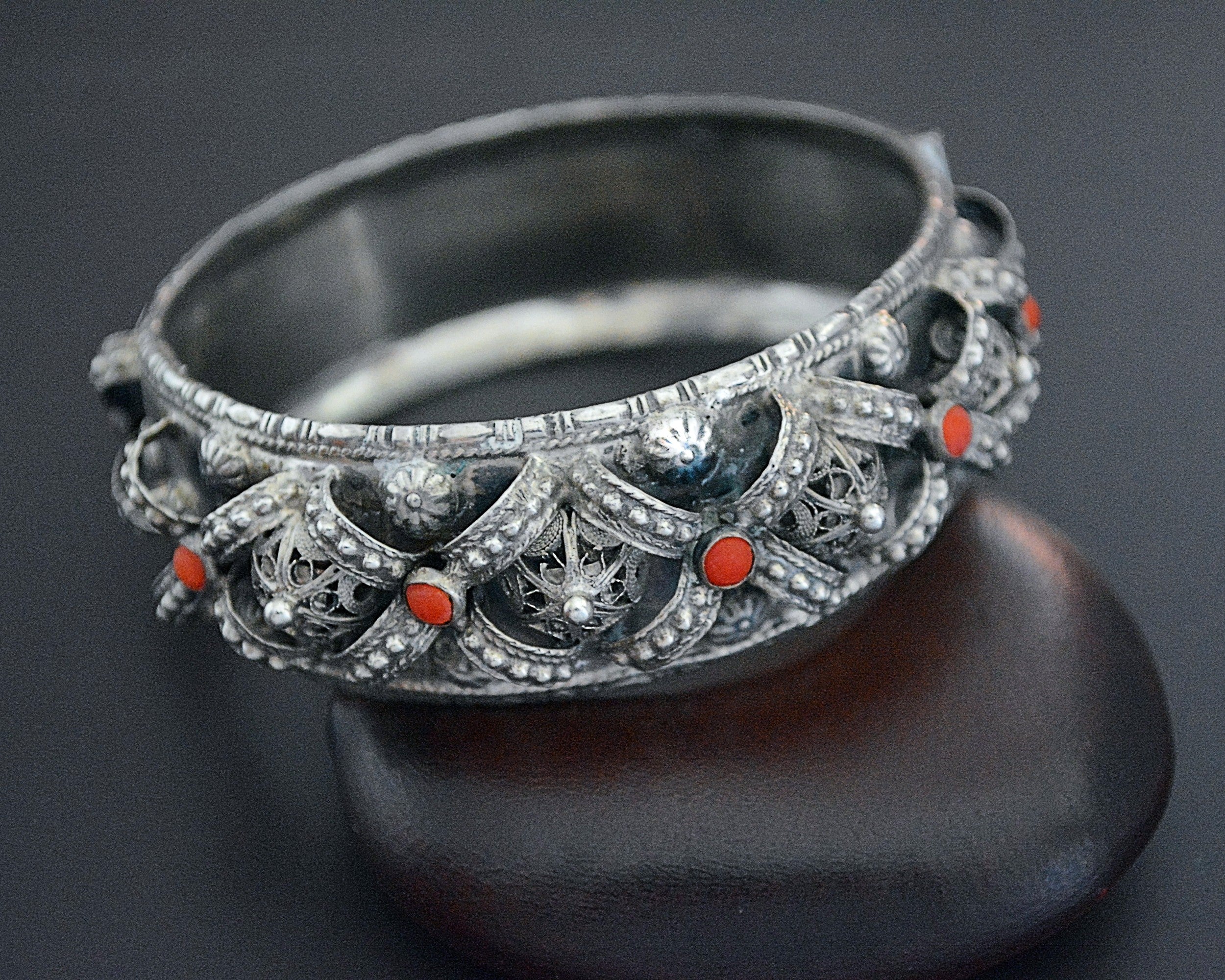 Substantial Coral Filigree Hinged Bracelet