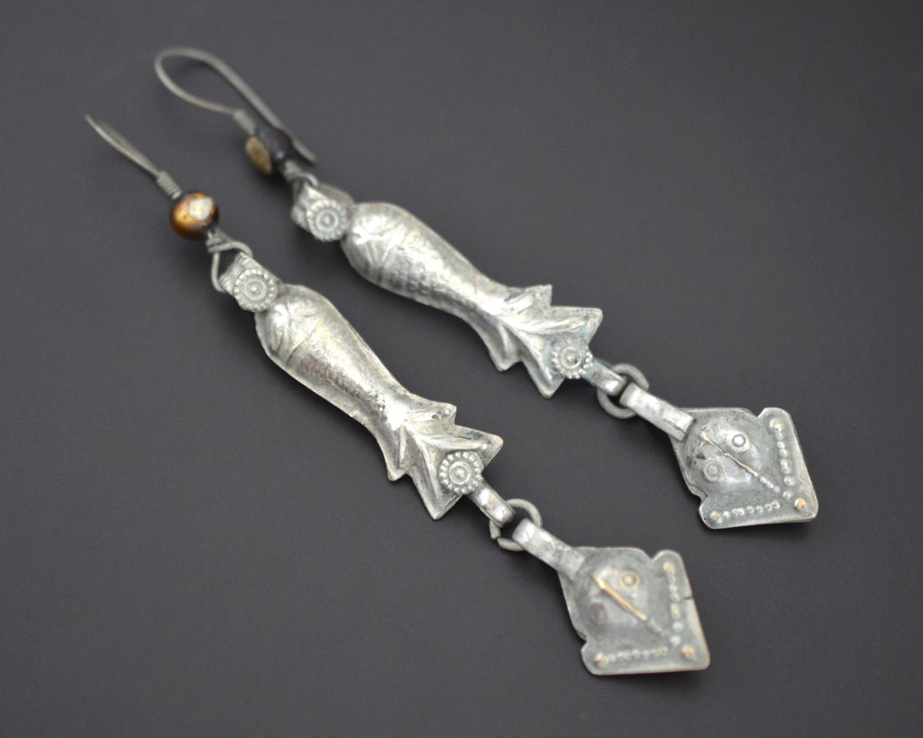 Long Afghani Fish Dangle Earrings with Tiger Eye Bead