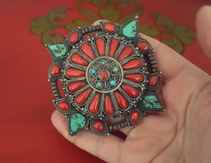 Antique Tibetan Coral and Turquoise Belt Buckle or Pendant