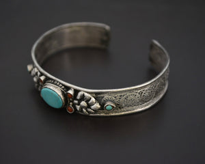 Nepali Turquoise Coral Cuff Bracelet with Filigree Work - SMALL
