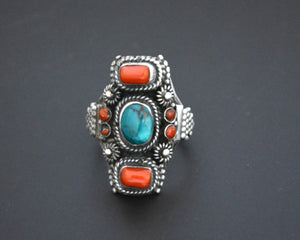 Nepali Turquoise Coral Saddle Ring - Size 9.25 / 9.5
