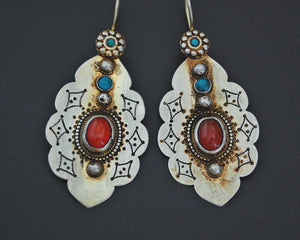 Turkmen Gilded Earrings with Carnelian and Turquoise