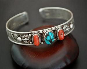 Nepali Turquoise Coral Cuff Bracelet with Filigree Work