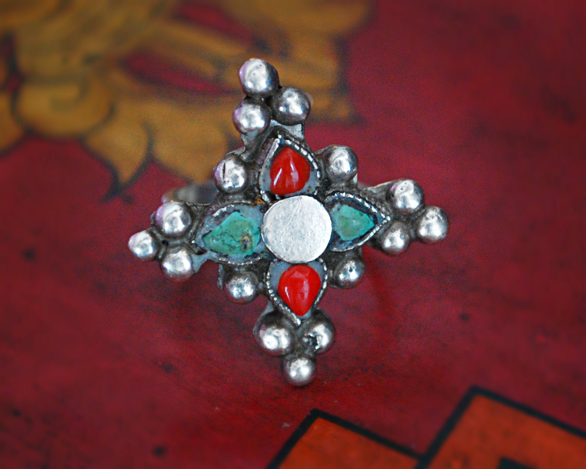 Ethnic Coral Turquoise Ring from Ladakh - Size 6.25