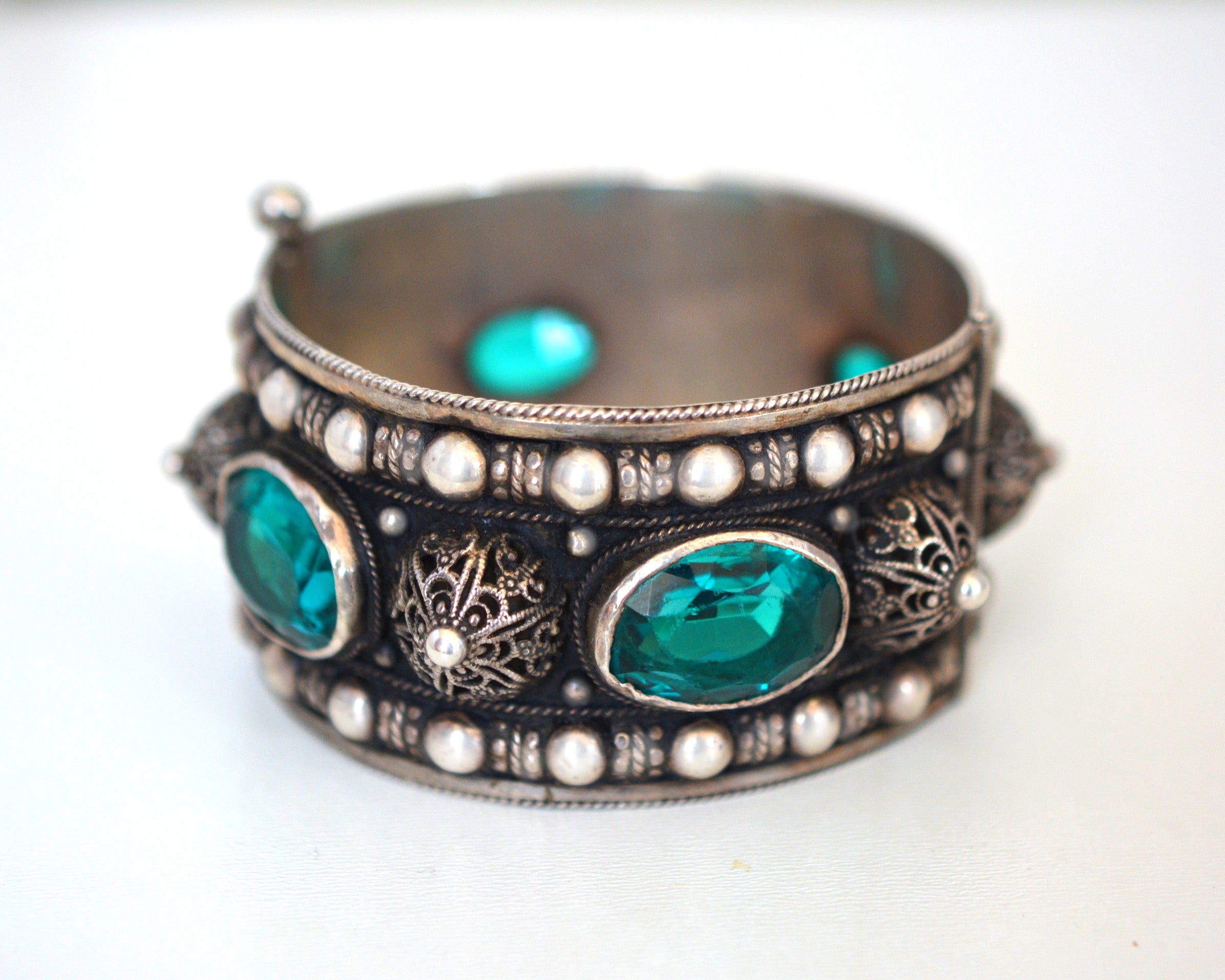 Reserved for L. - Tunisian Silver Hinged Bracelet with Glass Stones