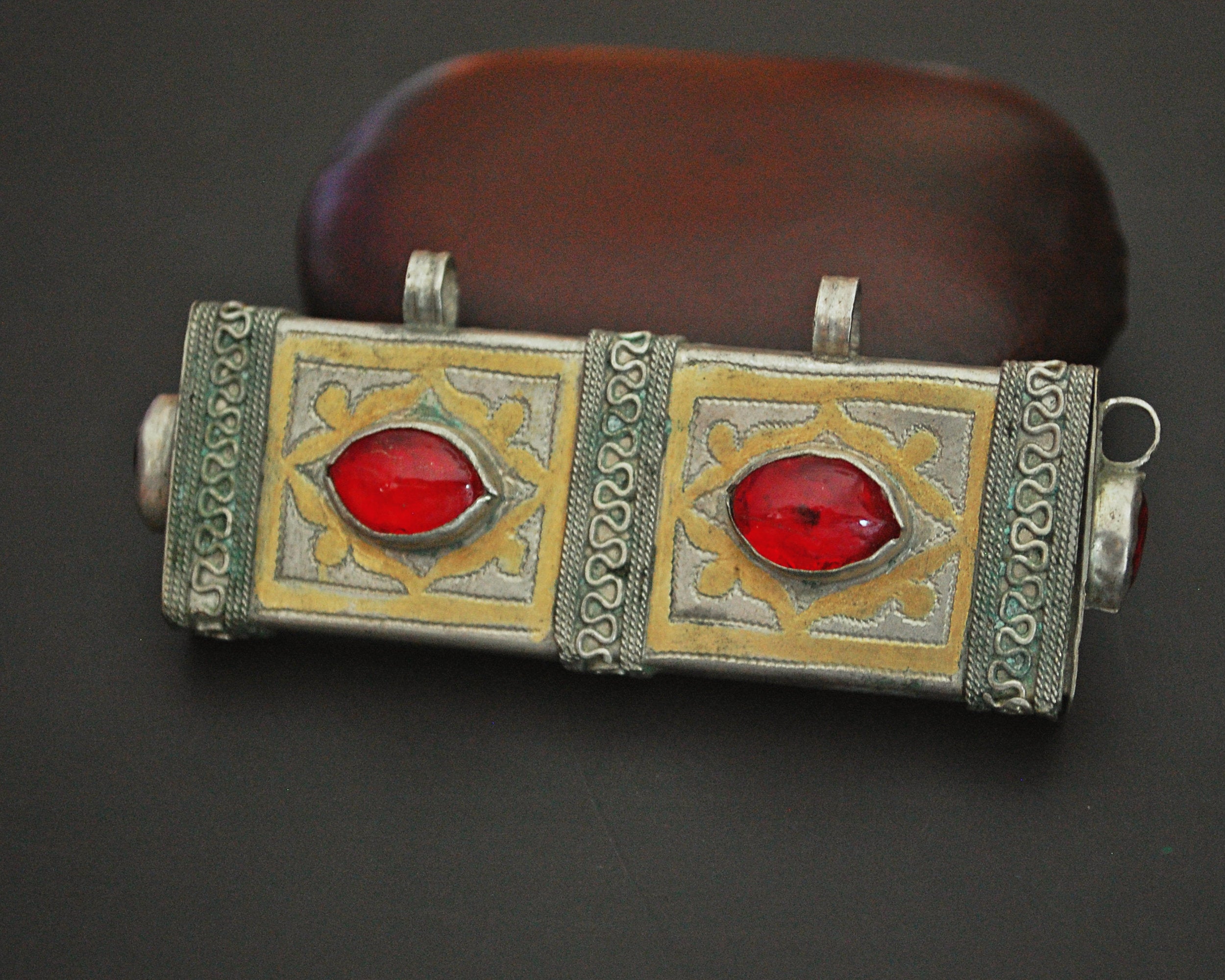 Turkmen Gilded Box Pendant with Red Glass