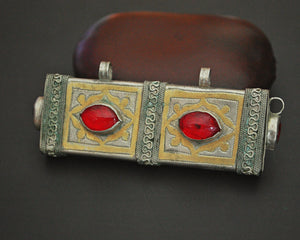 Turkmen Gilded Box Pendant with Red Glass