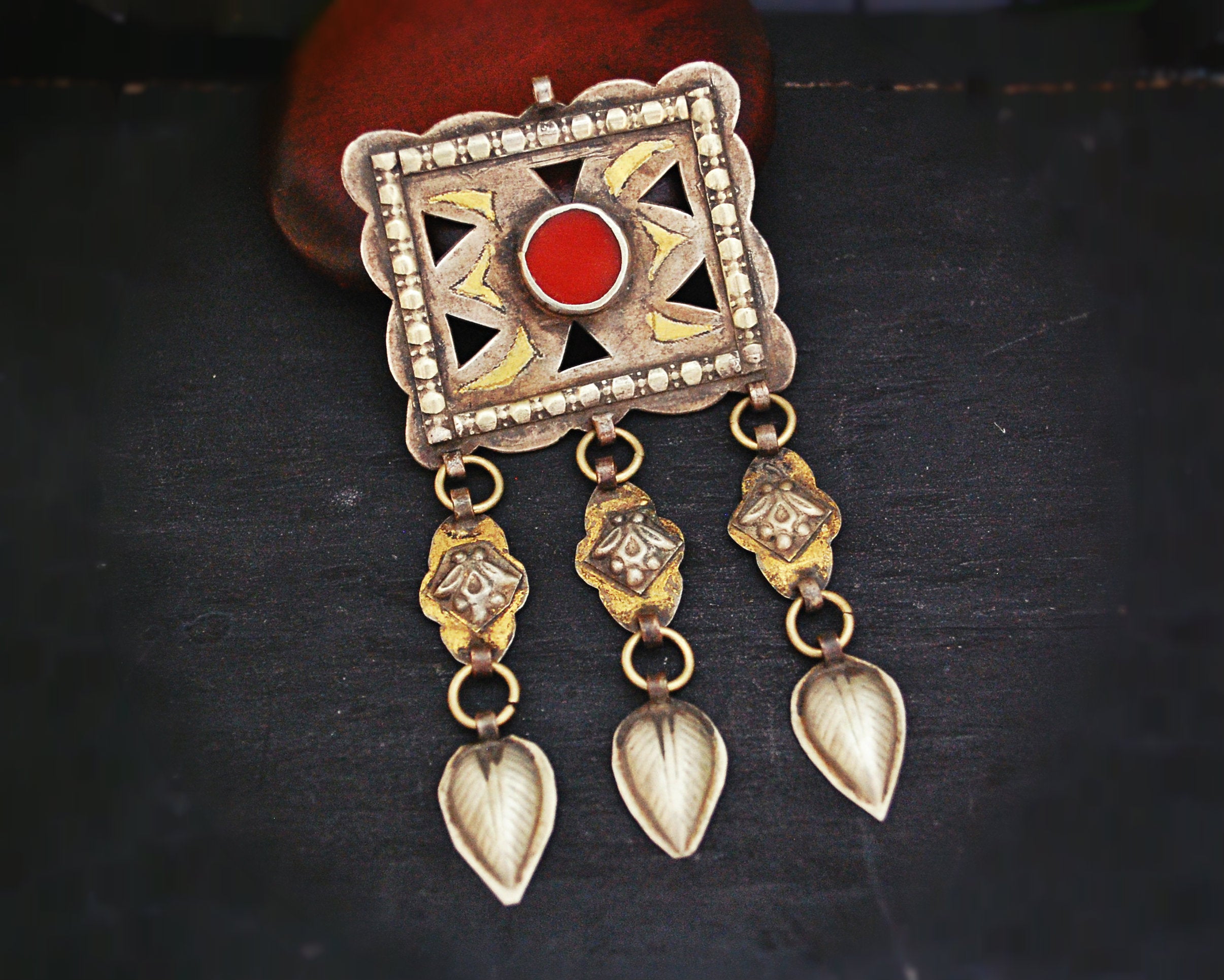 Antique Turkmen Pendant with Carnelian and Dangles