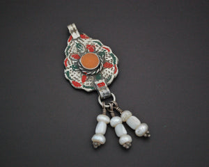 Berber Enamel Pendant with Pearl Dangles