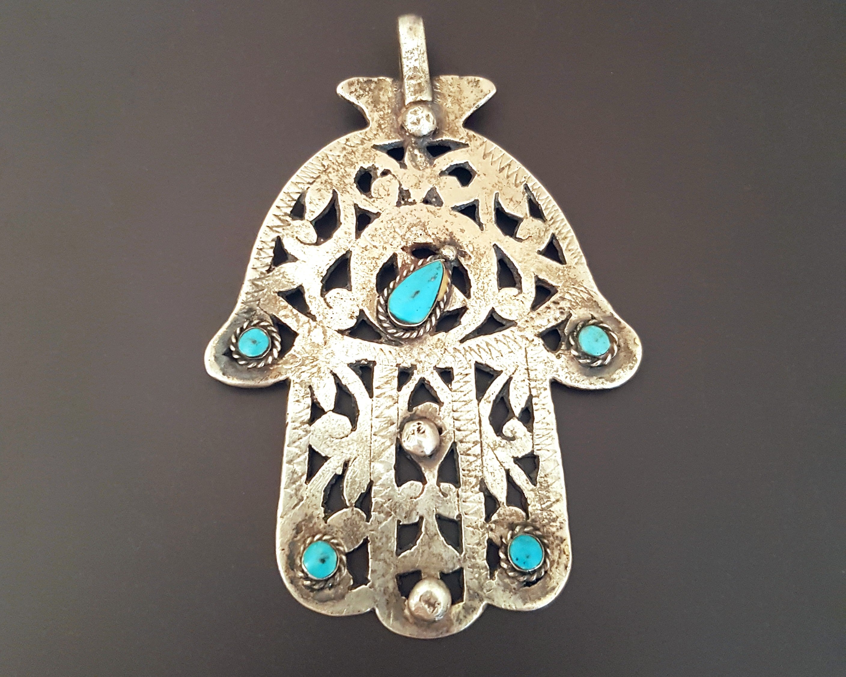 Large Antique Tunisian Hamsa Pendant with Turquoises