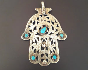Large Antique Tunisian Hamsa Pendant with Turquoises