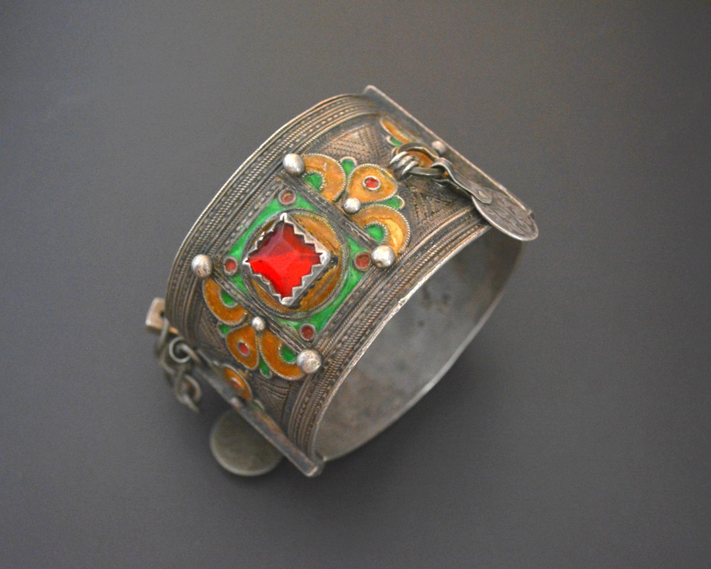 Reserved for M. - Berber Hinged Enamel Bracelet with Glass - SMALL