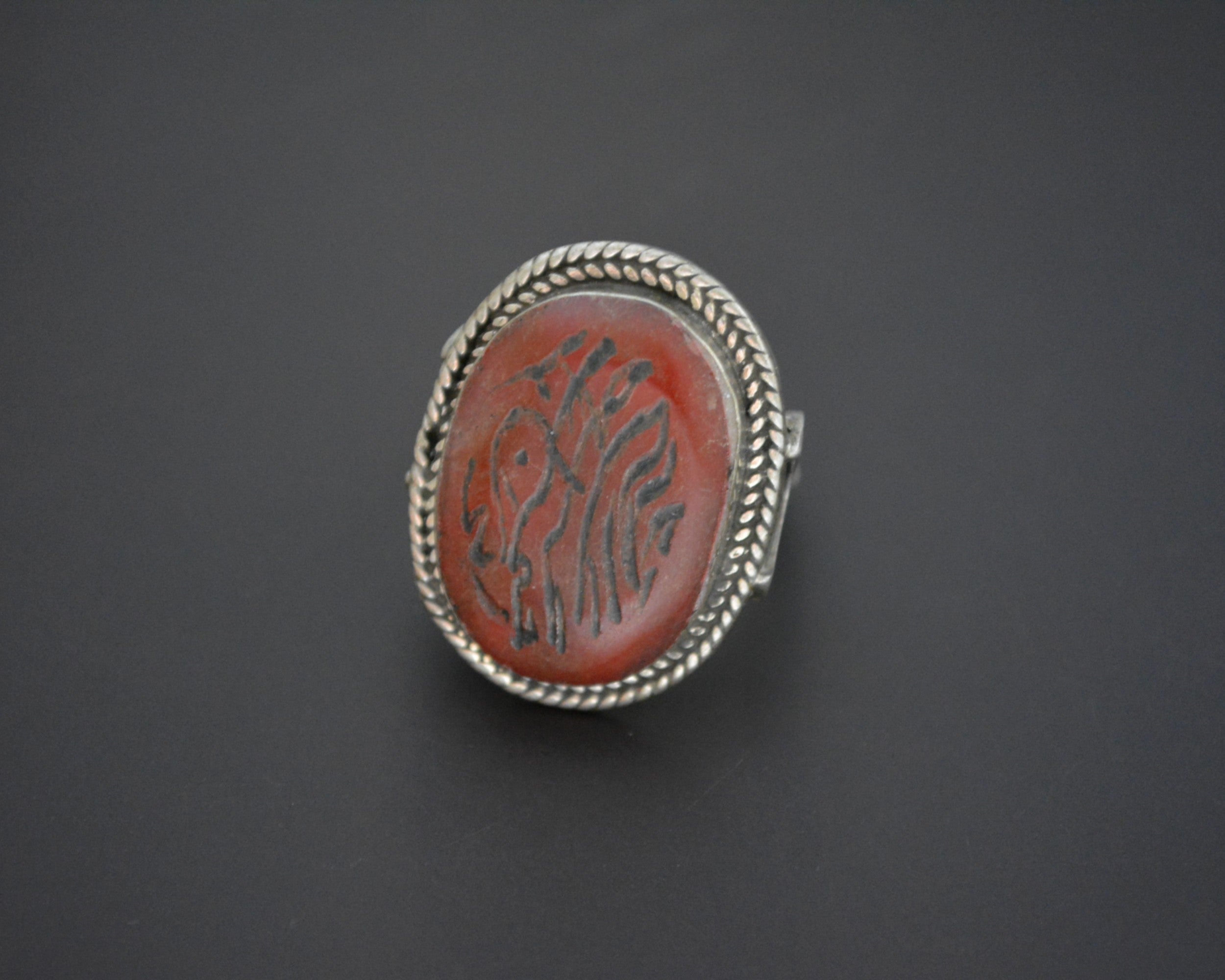 Afghani Carnelian Intaglio Ring with Crescent Moon - Size 7.75