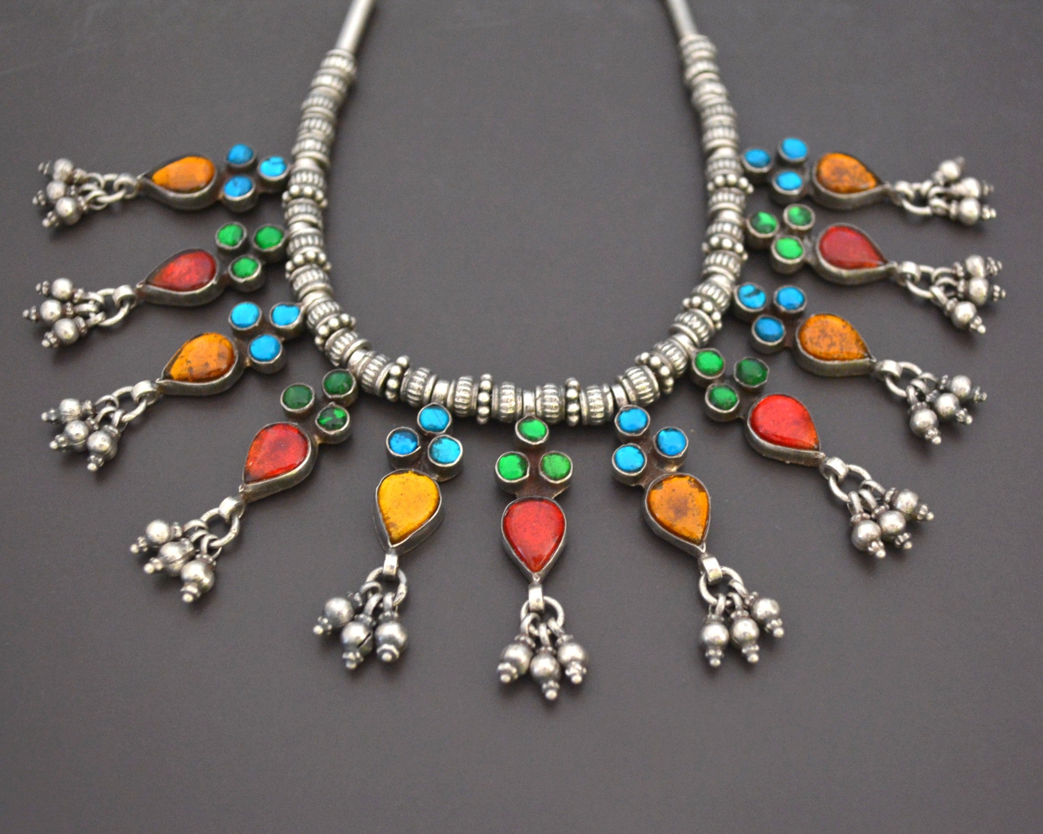 Colorful Rajasthani Silver Necklace with Glass Inserts