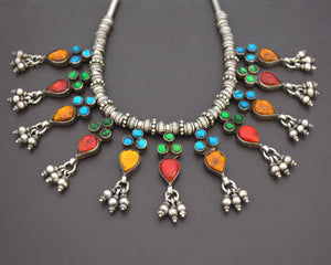 Colorful Rajasthani Silver Necklace with Glass Inserts