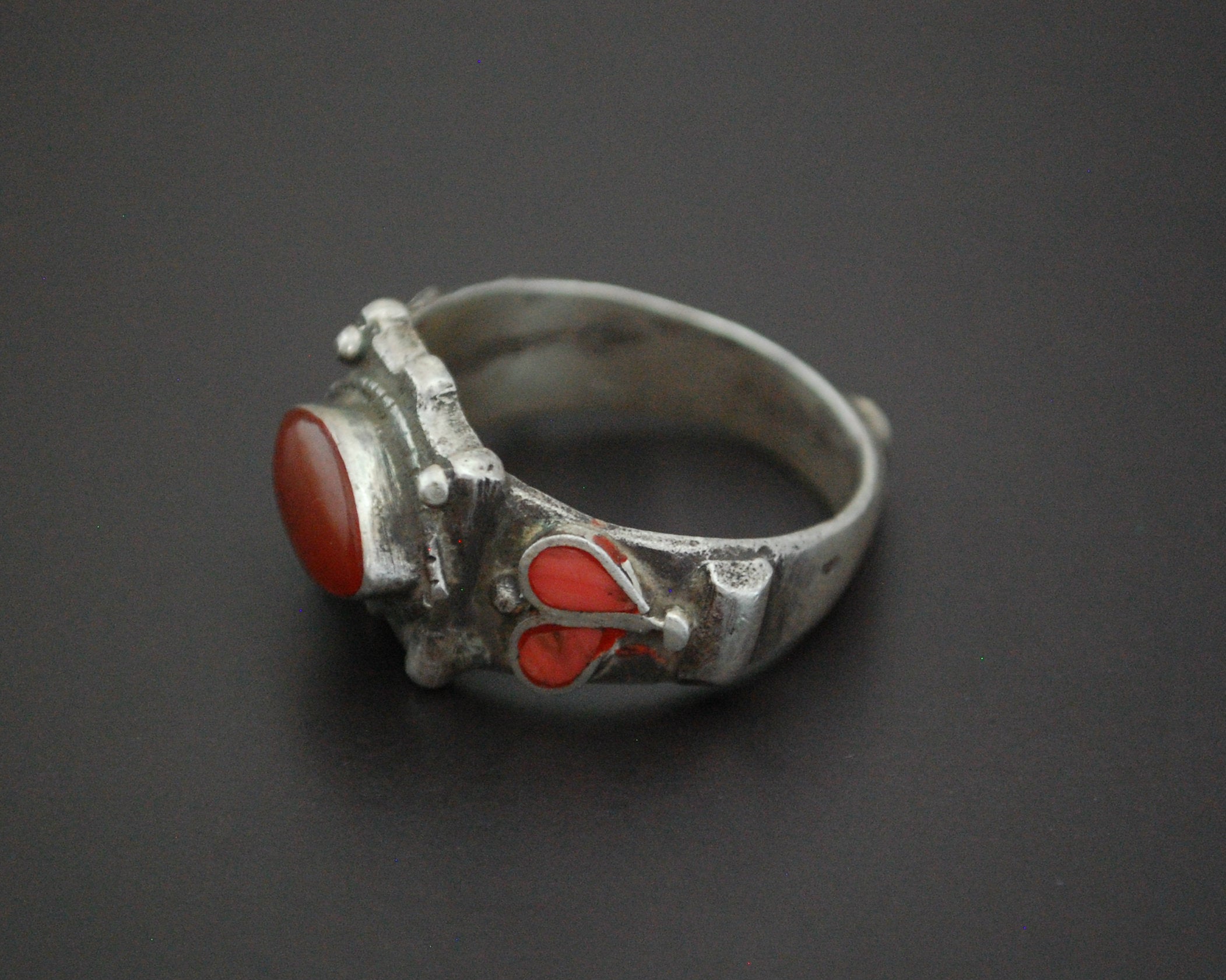 Old Afghani Coral and Carnelian Ring - Size 10.5