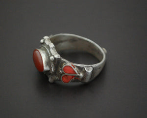 Old Afghani Coral and Carnelian Ring - Size 10.5