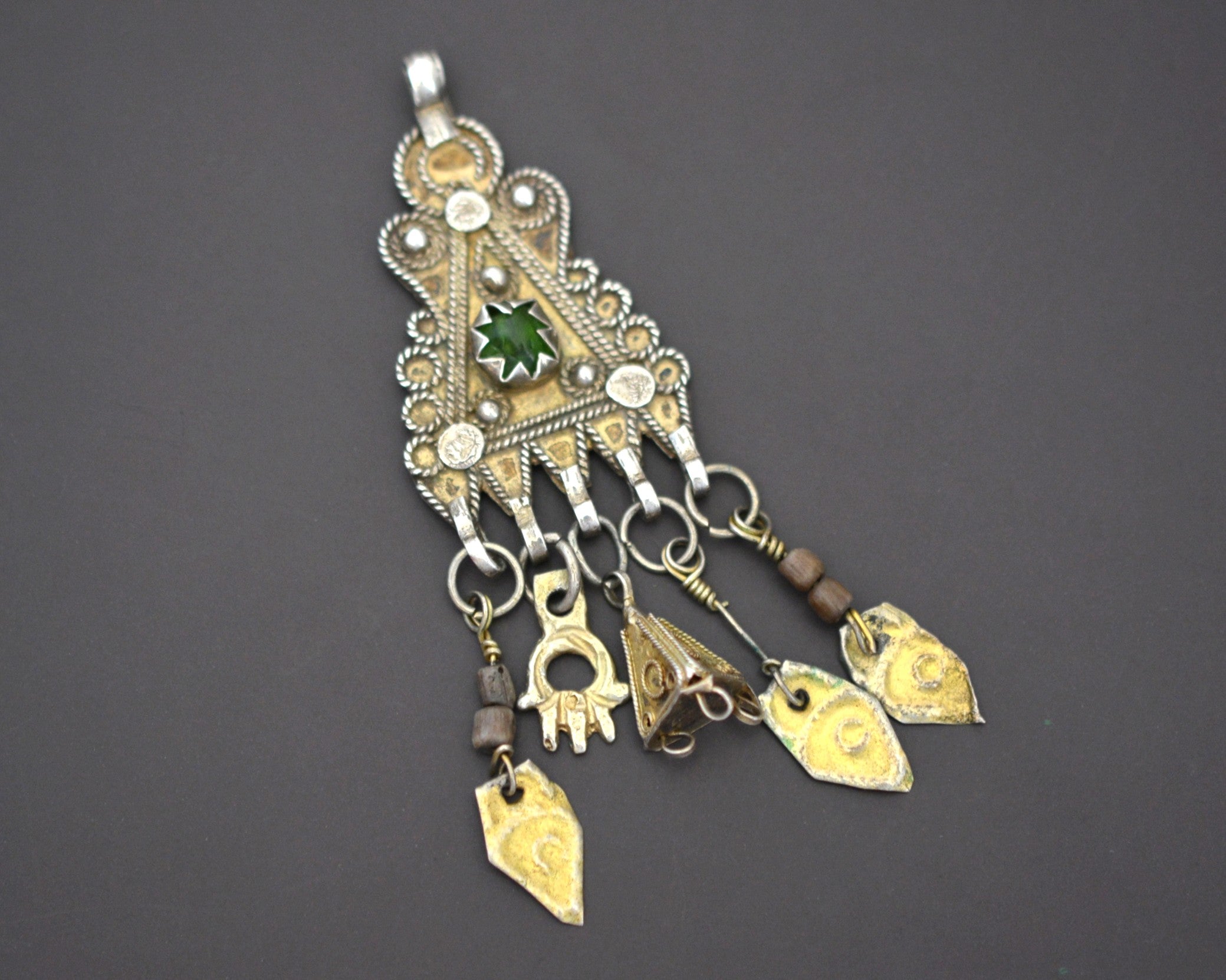 Tunisian Silver Gilded Berber Pendant with Green Glass and Dangles