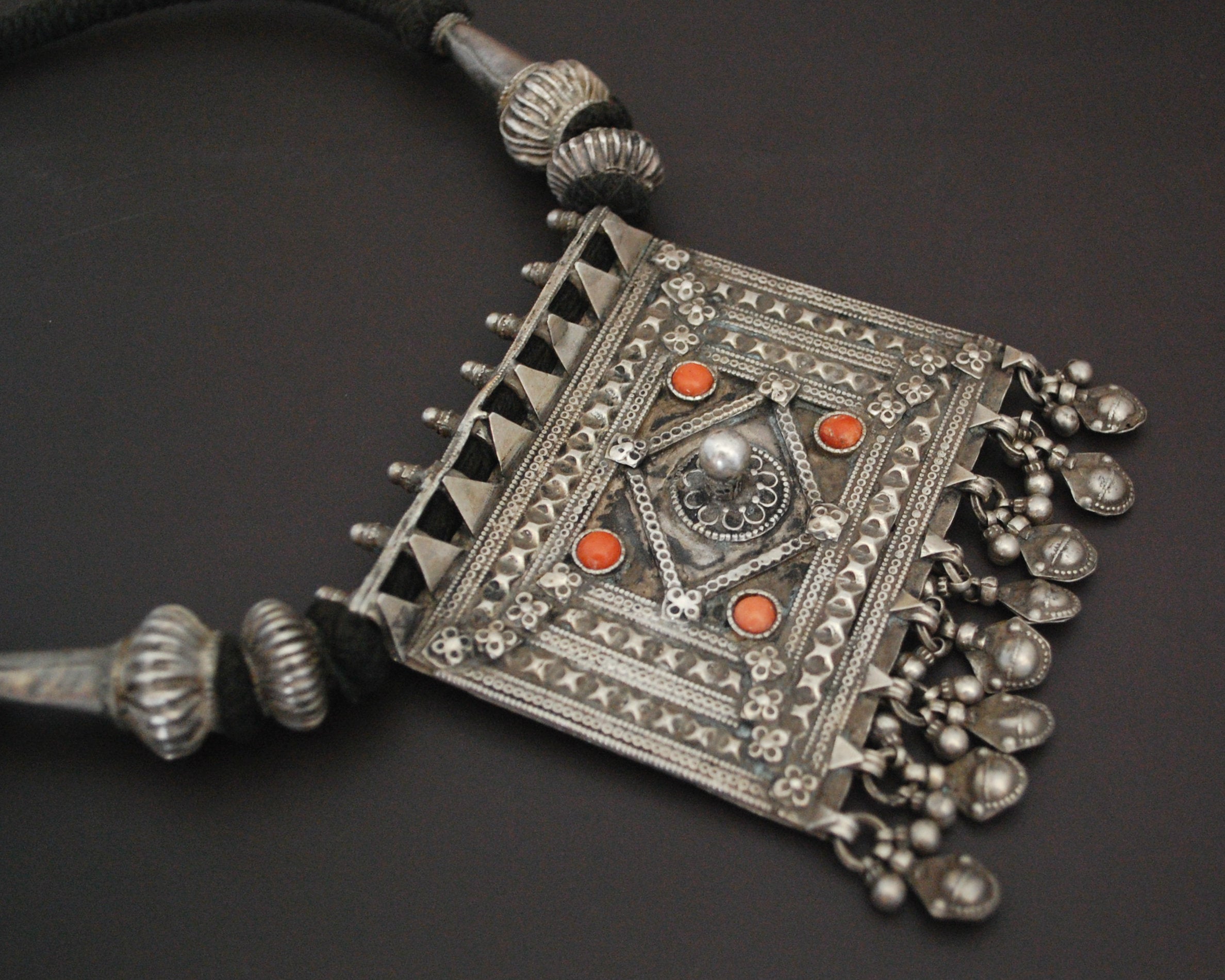 Huge Indian Coral Silver Necklace on Cotton Cord