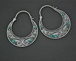 Ethnic Hoop Earrings with Turquoise and Dotwork