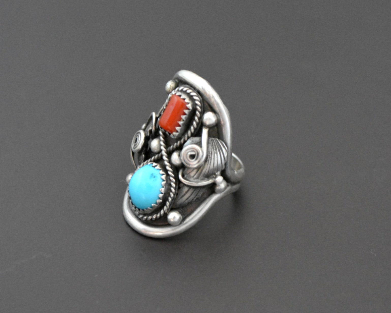 Native American Navajo Coral Turquoise Ring - Size 8.5