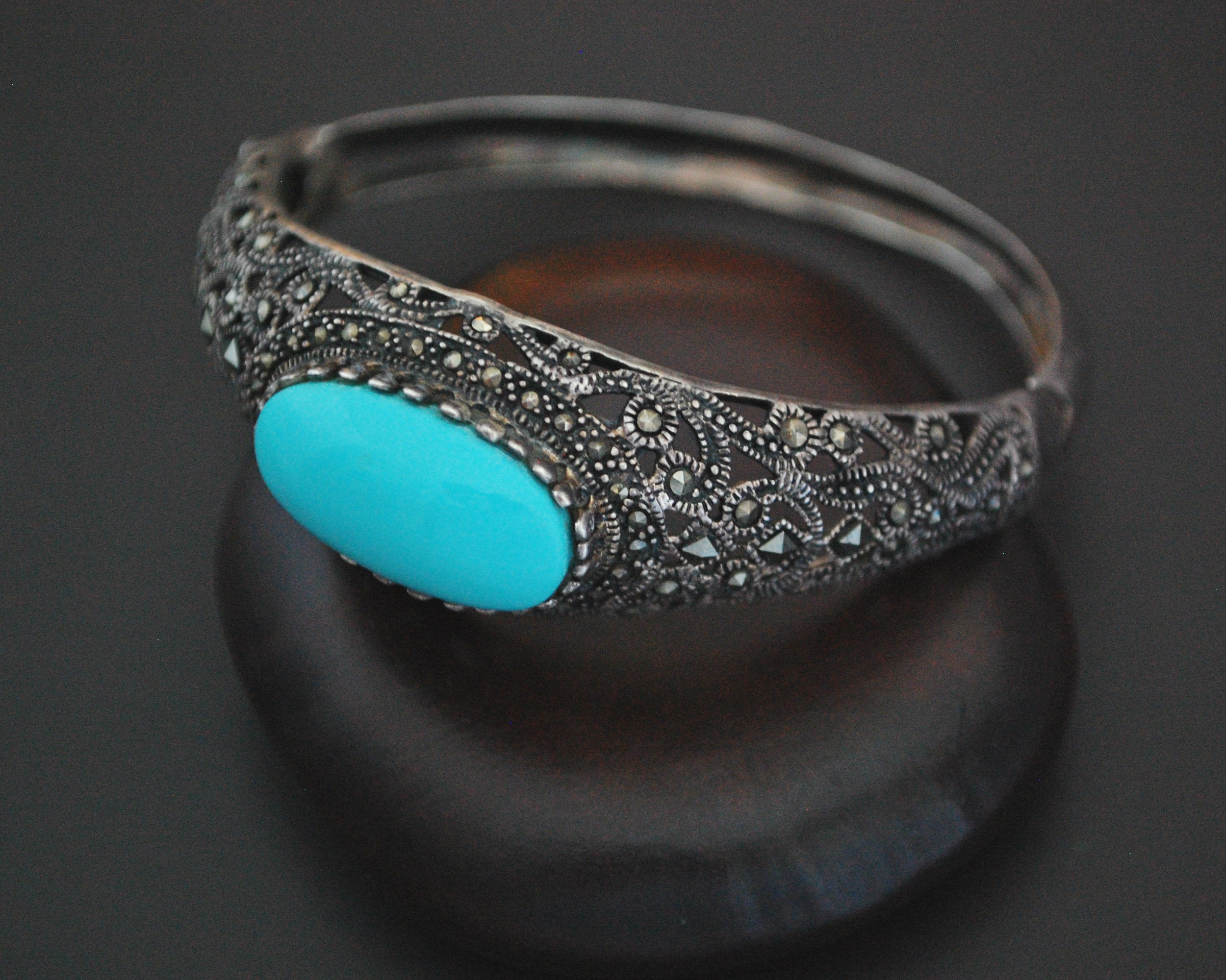 Gorgeous Turquoise and Marcasite Hinged Bracelet