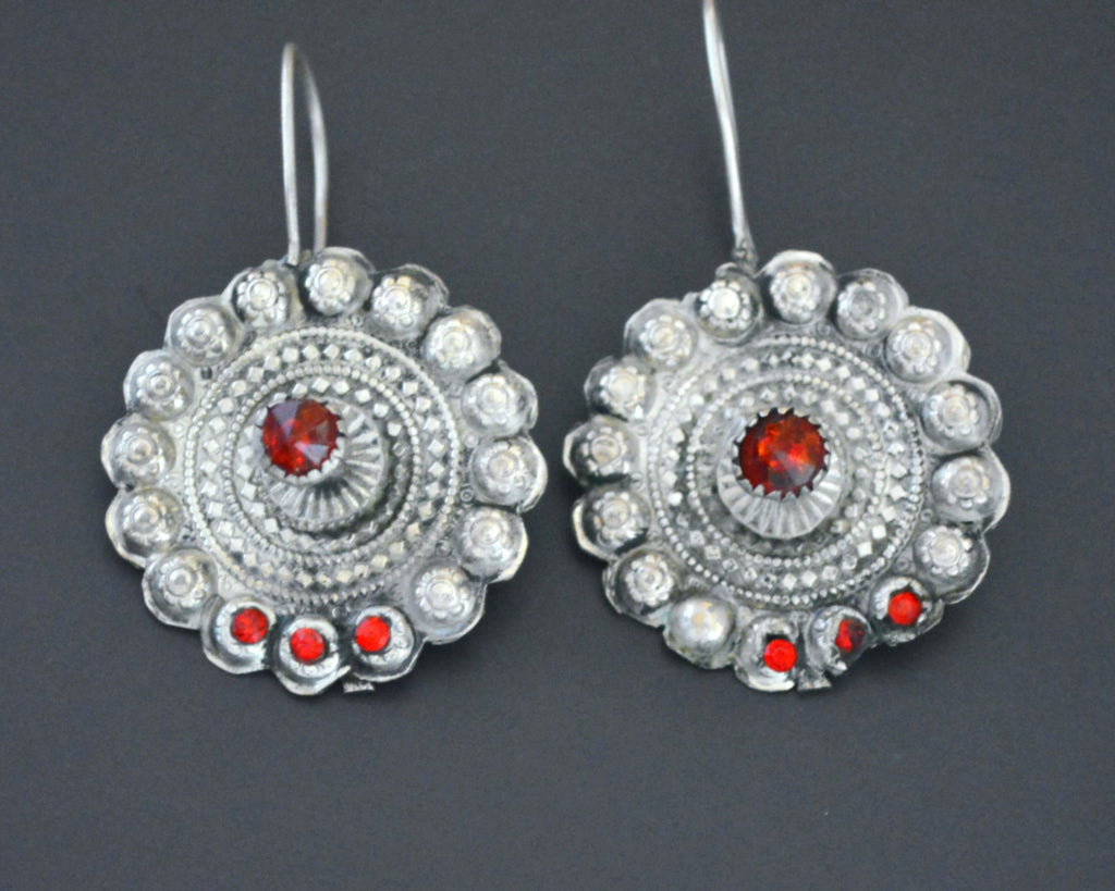 Large Afghani Disc Earrings with Red Glass