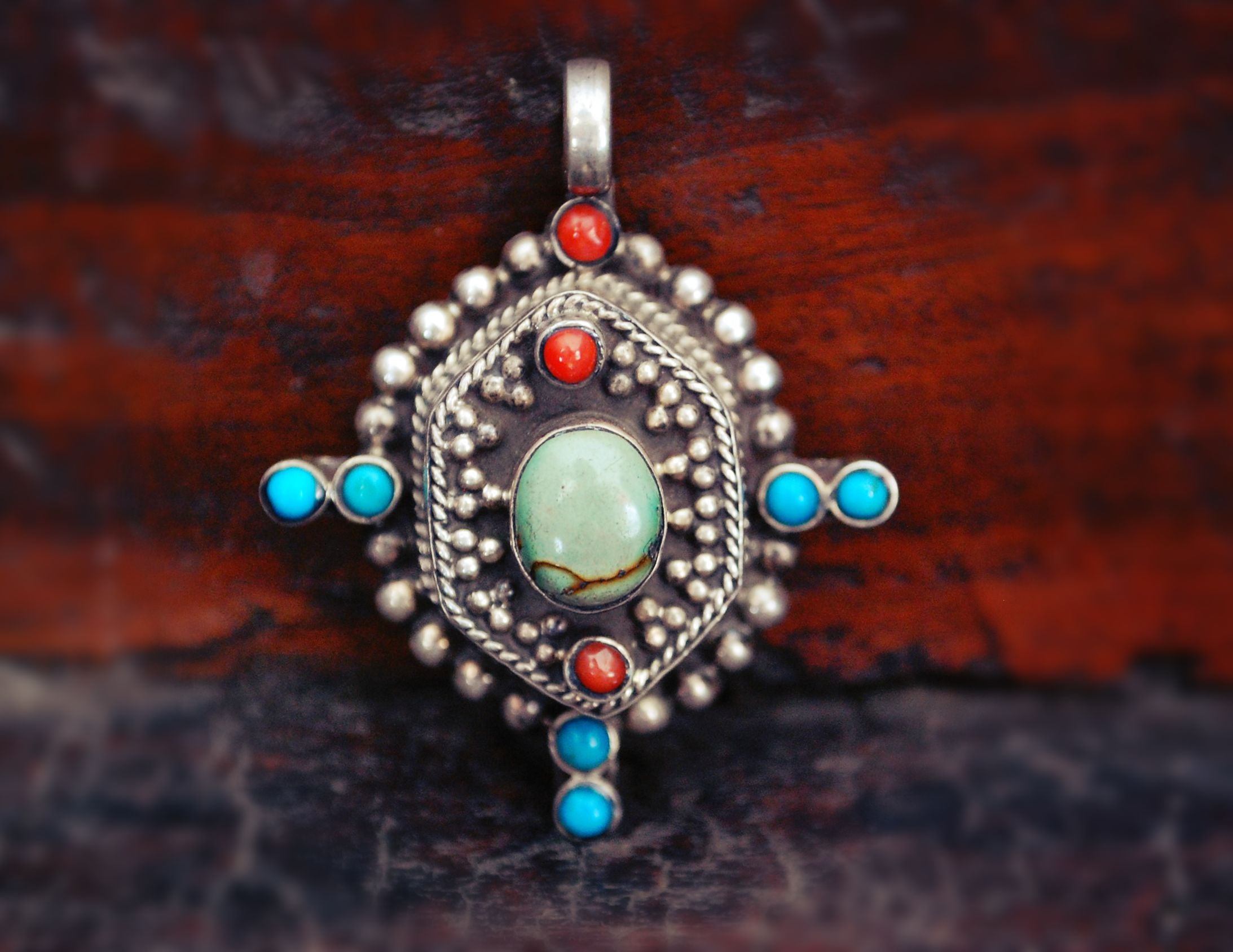 Bold Nepali Turquoise Coral Pendant