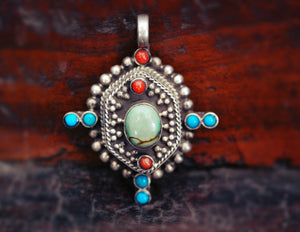 Bold Nepali Turquoise Coral Pendant