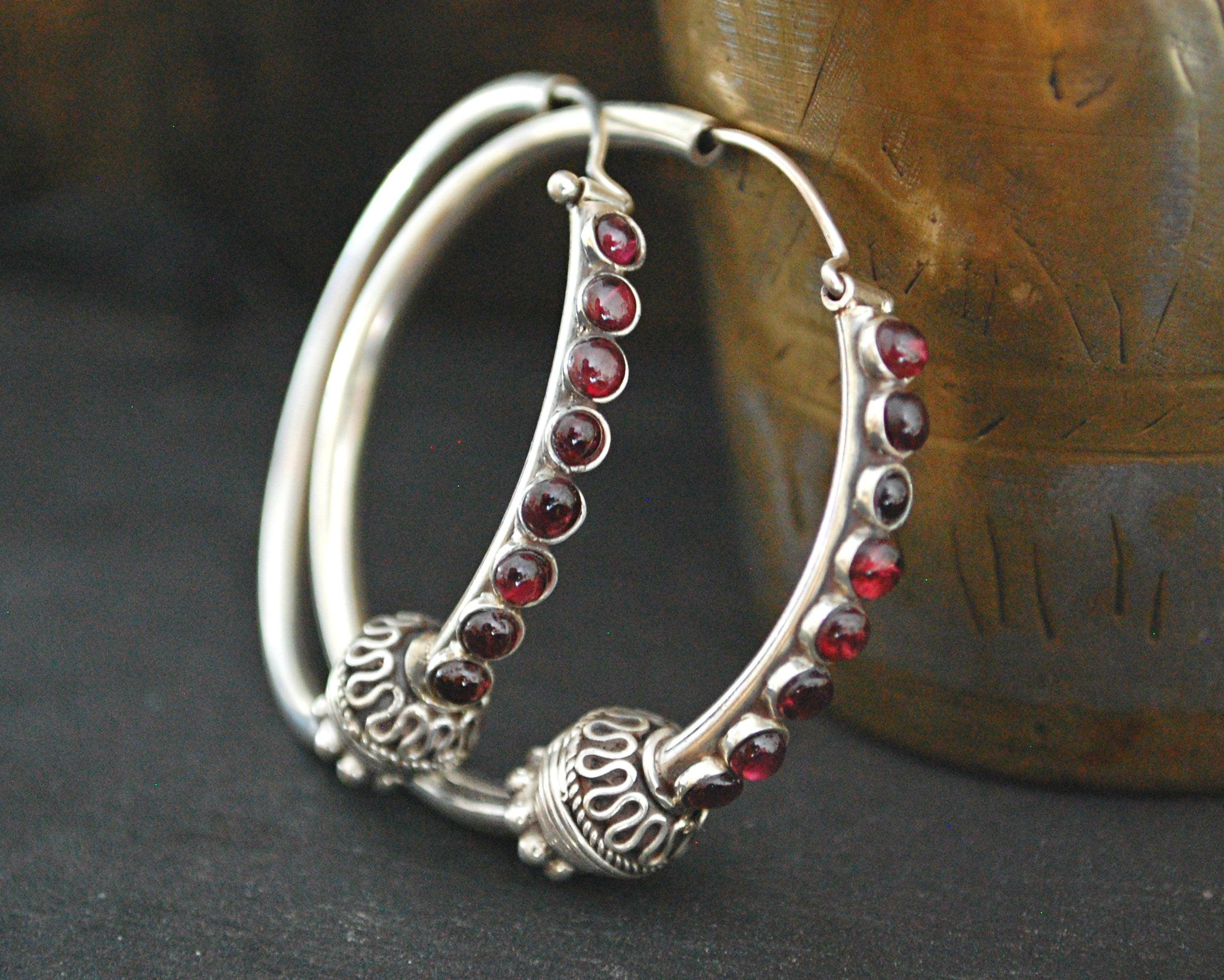 Ethnic Hoop Earrings with Garnet - LARGE