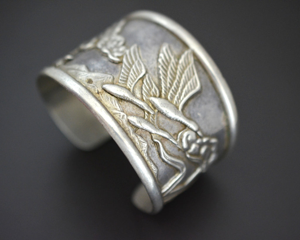 Ethnic Wide Cuff Bracelet with Nature and Cranes