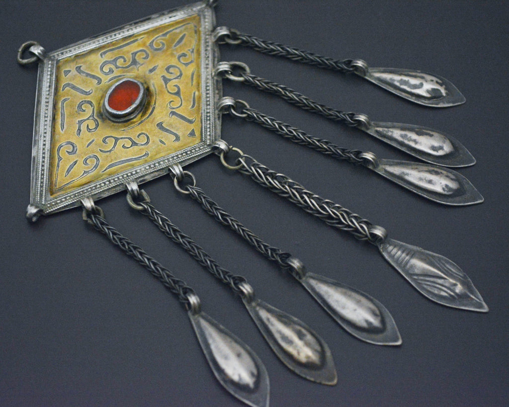 Antique Turkmen Tschapraz Pendant with Carnelian and Dangles
