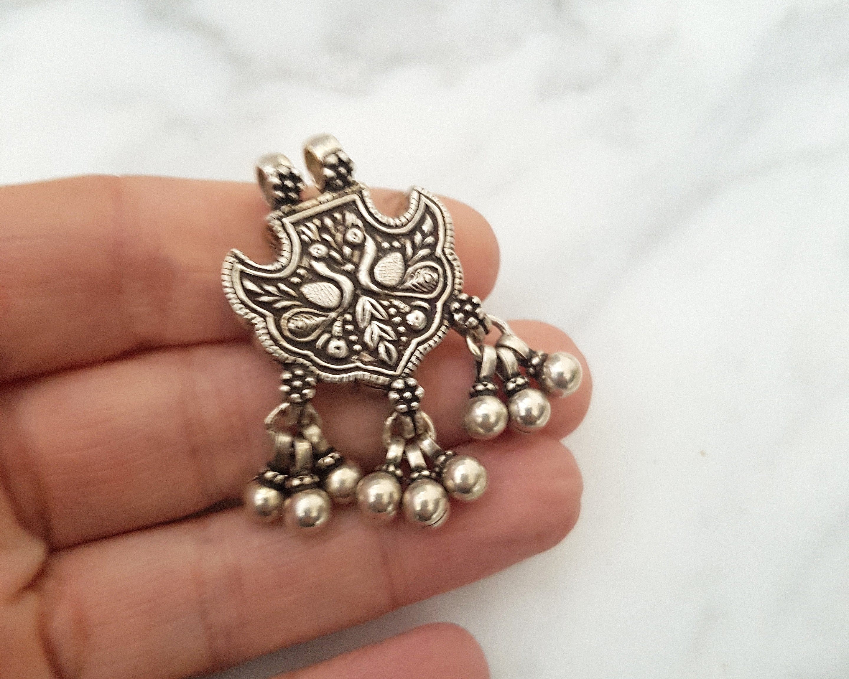 Rajasthani Silver Peacock Pendant with Bells