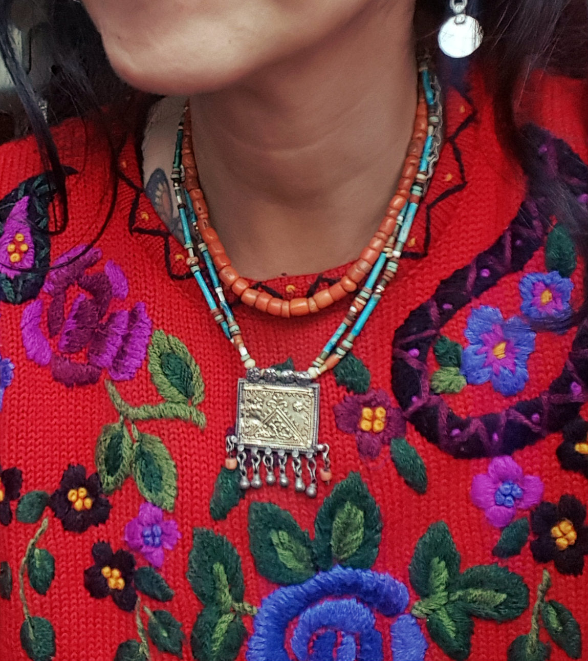 Antique Afghani Pendant and Faience Beads Necklace