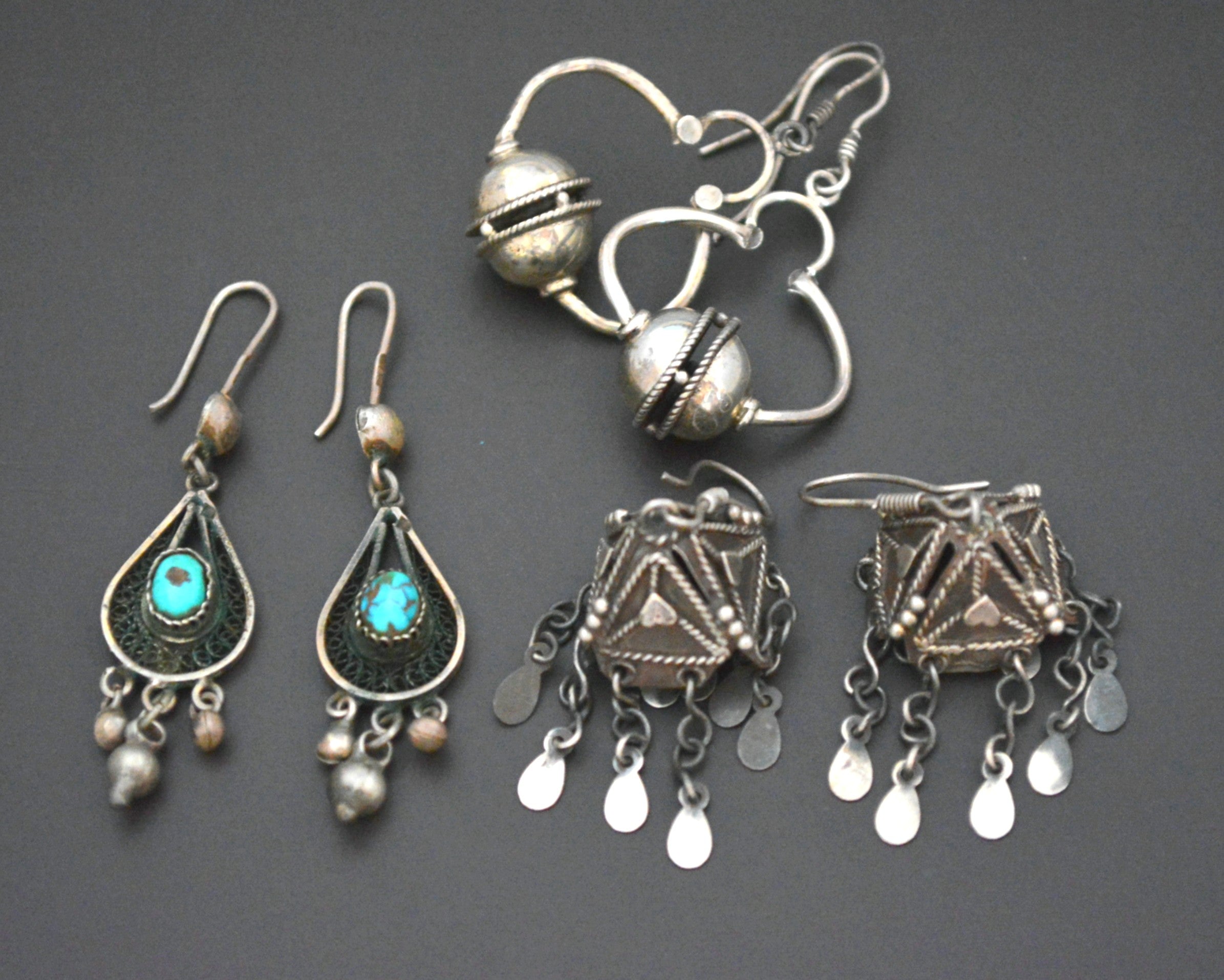 Set of Three Ethnic Silver Turquoise Dangle Earrings