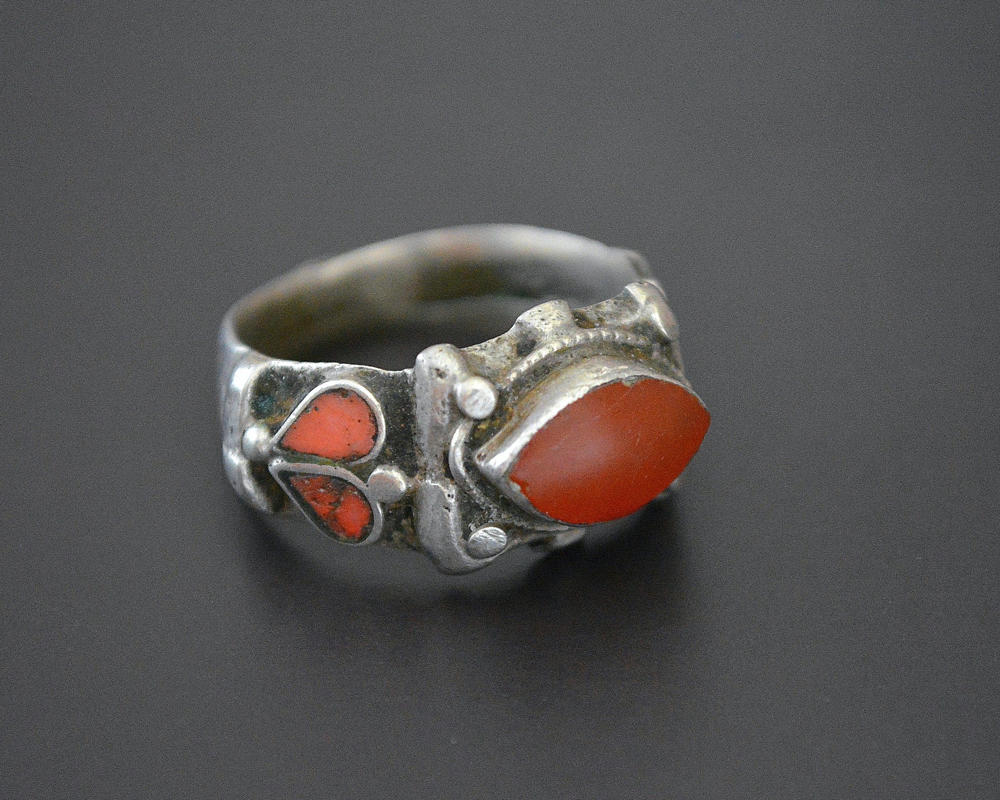 Old Afghani Coral and Carnelian Ring - Size 10.5