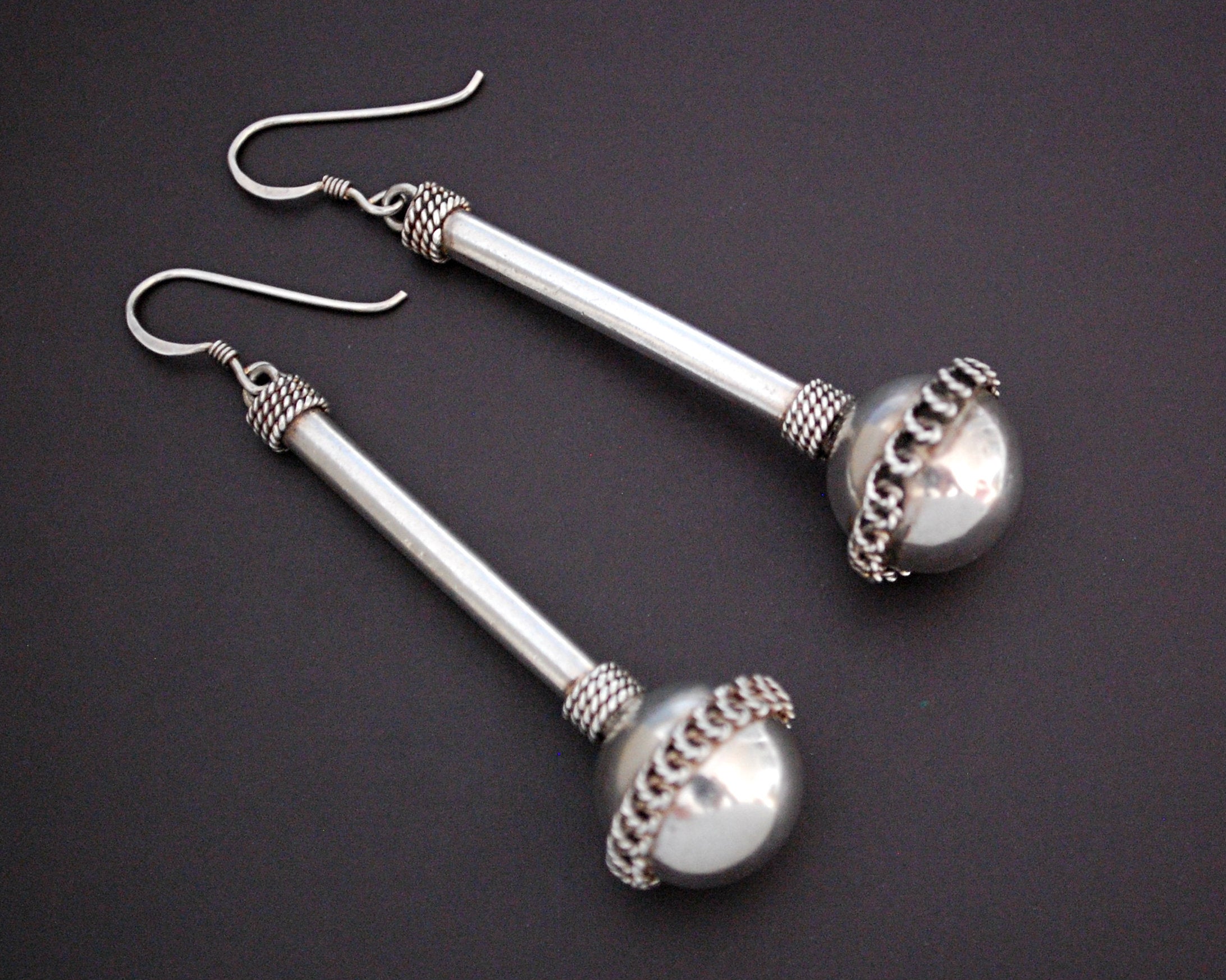 Long Ethnic Silver Ball Earrings with Wire Work