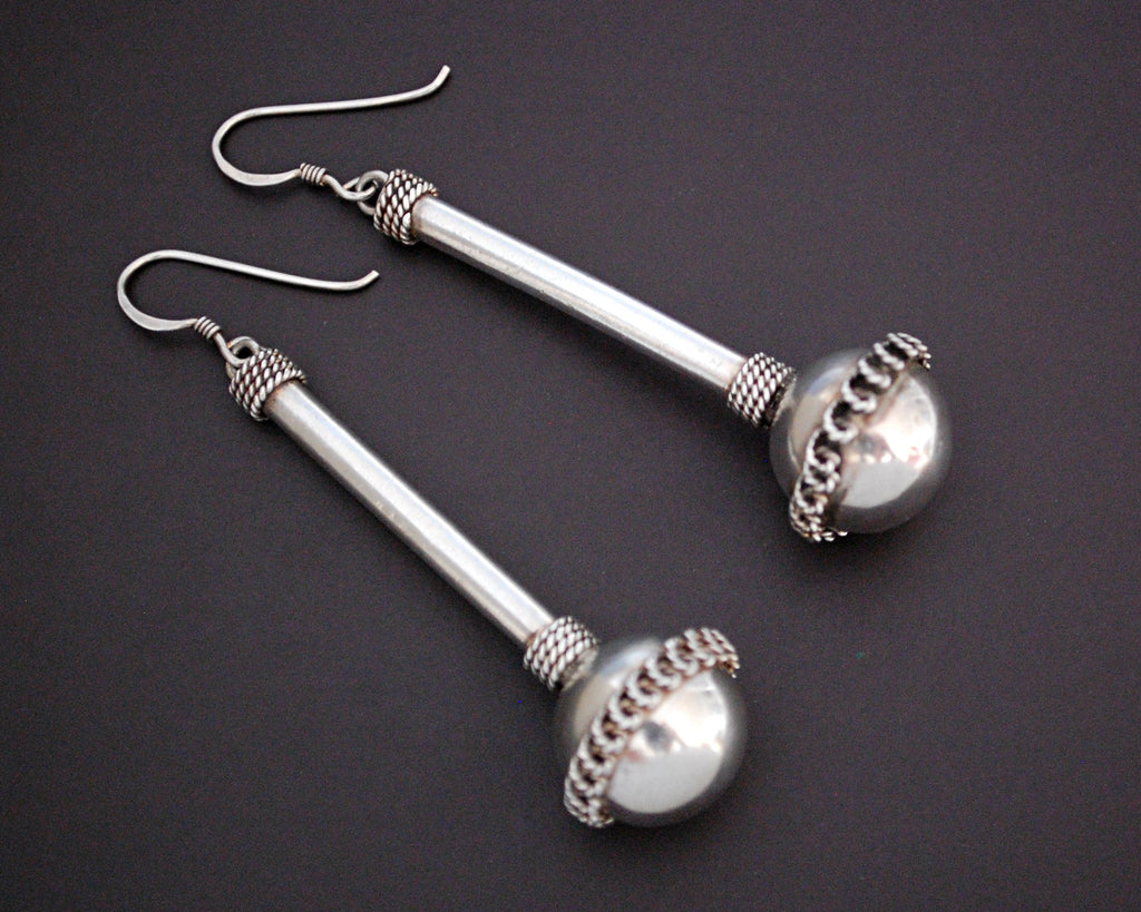 Long Ethnic Silver Ball Earrings with Wire Work