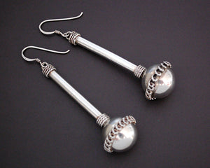 Long Ethnic Silver Ball Earrings with Wire Work