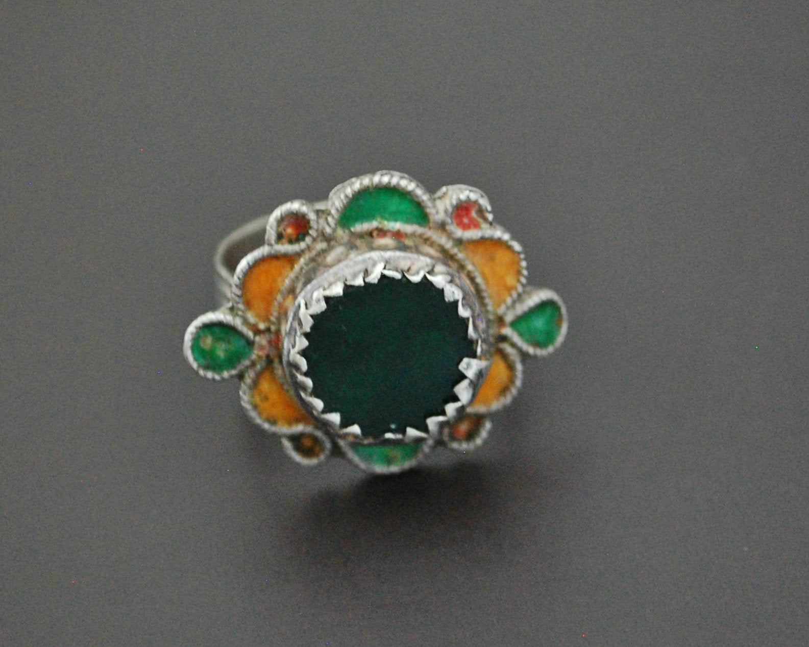 Berber Enamel Ring with Green Stone - Size 9