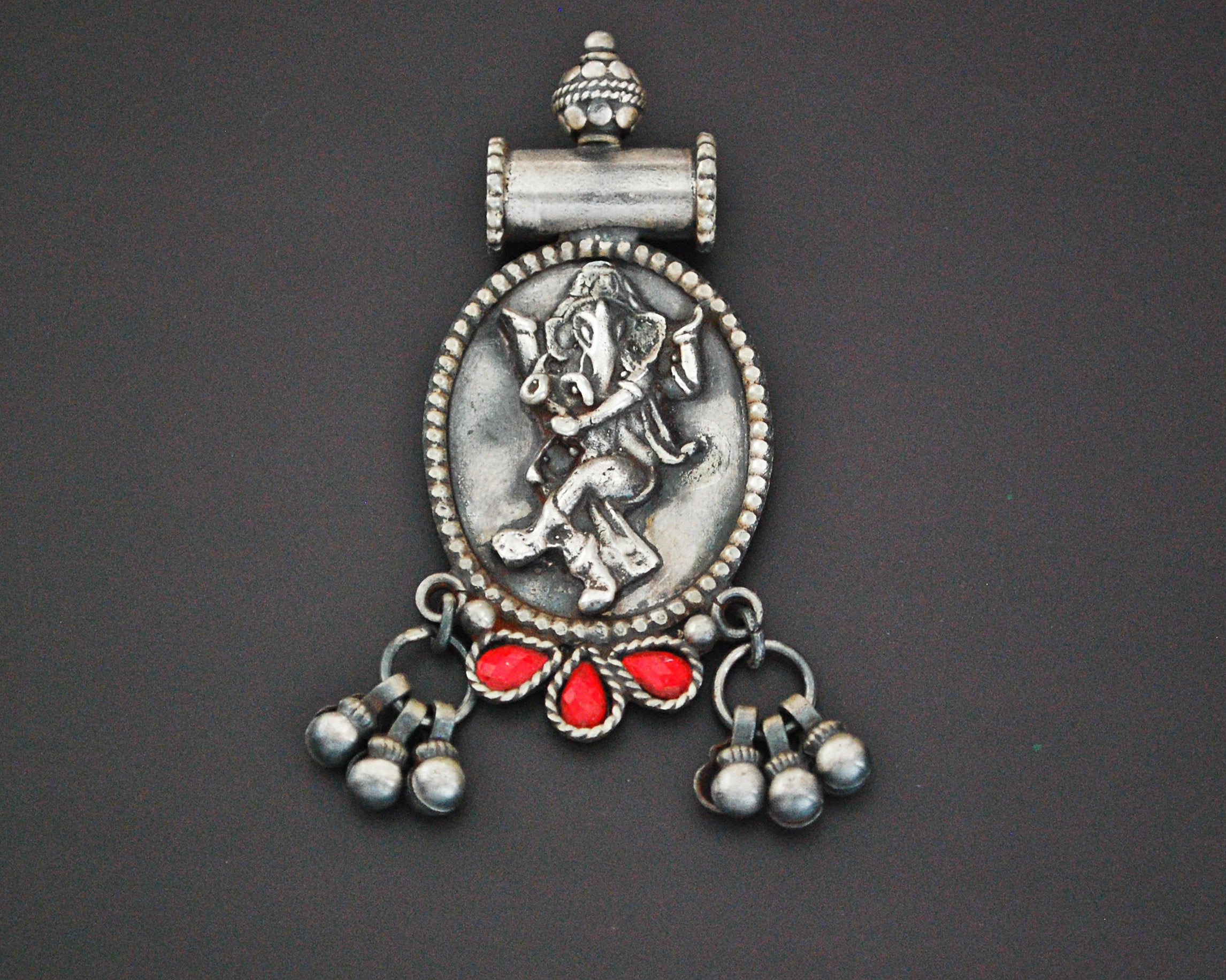 Ganesha Pendant with Bells and Red Glass