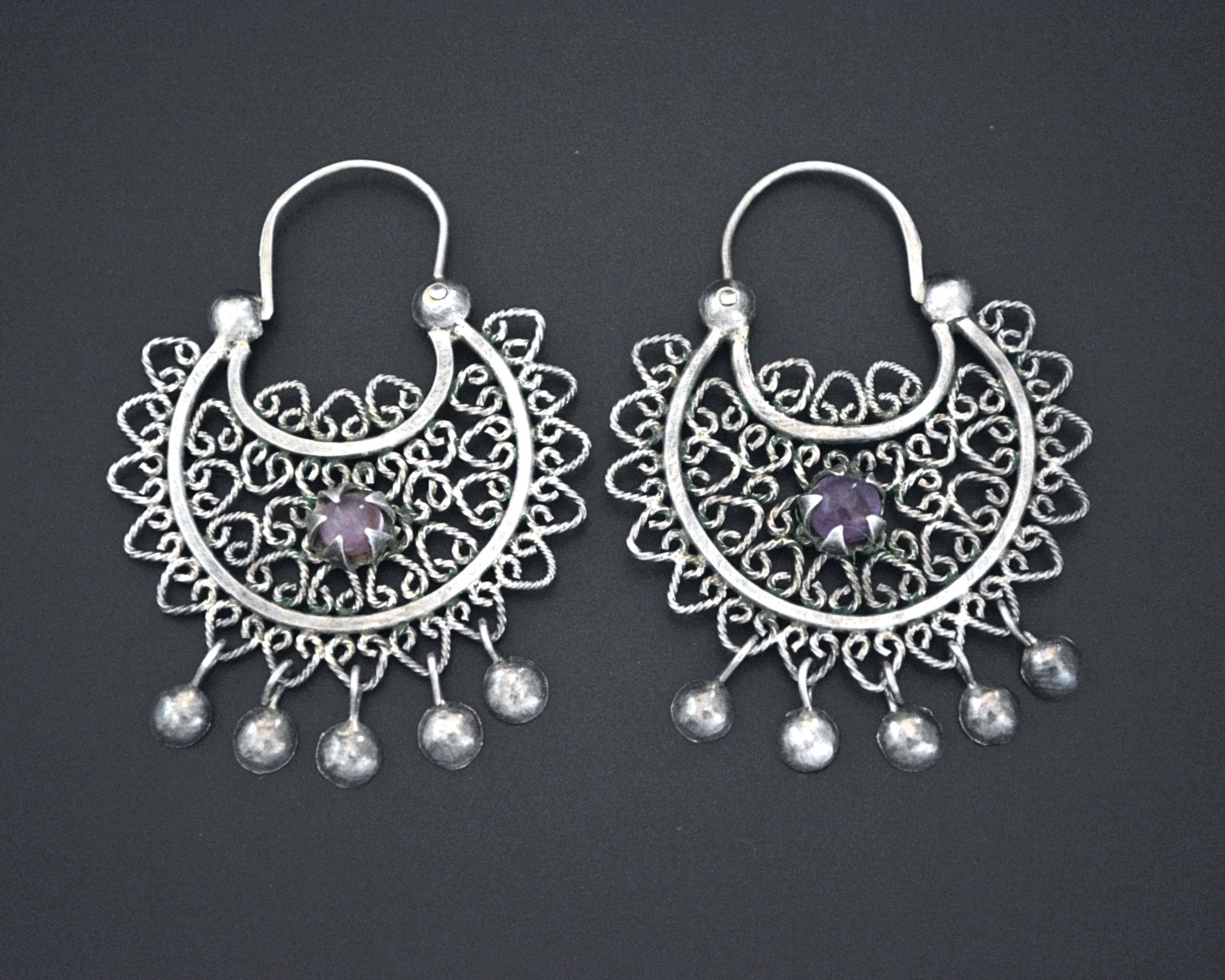 Filigree Silver Amethyst Hoop Earrings with Dangles