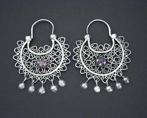 Filigree Silver Amethyst Hoop Earrings with Dangles