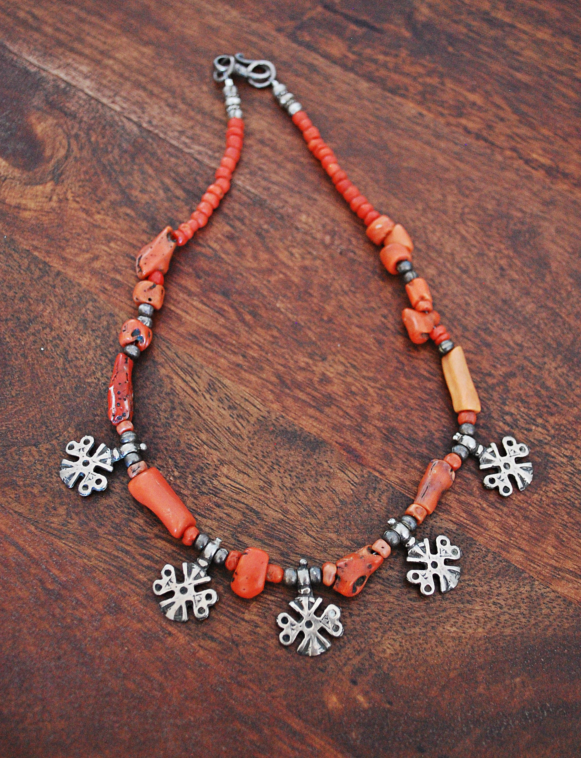 Berber Charms Coral Necklace with Silver Beads