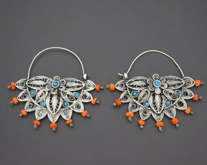 Uzbek Coral Turquoise Filigree Hoop Earrings