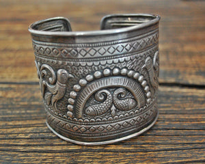 Wide Fish and Birds Silver Cuff Bracelet - Sterling Silver