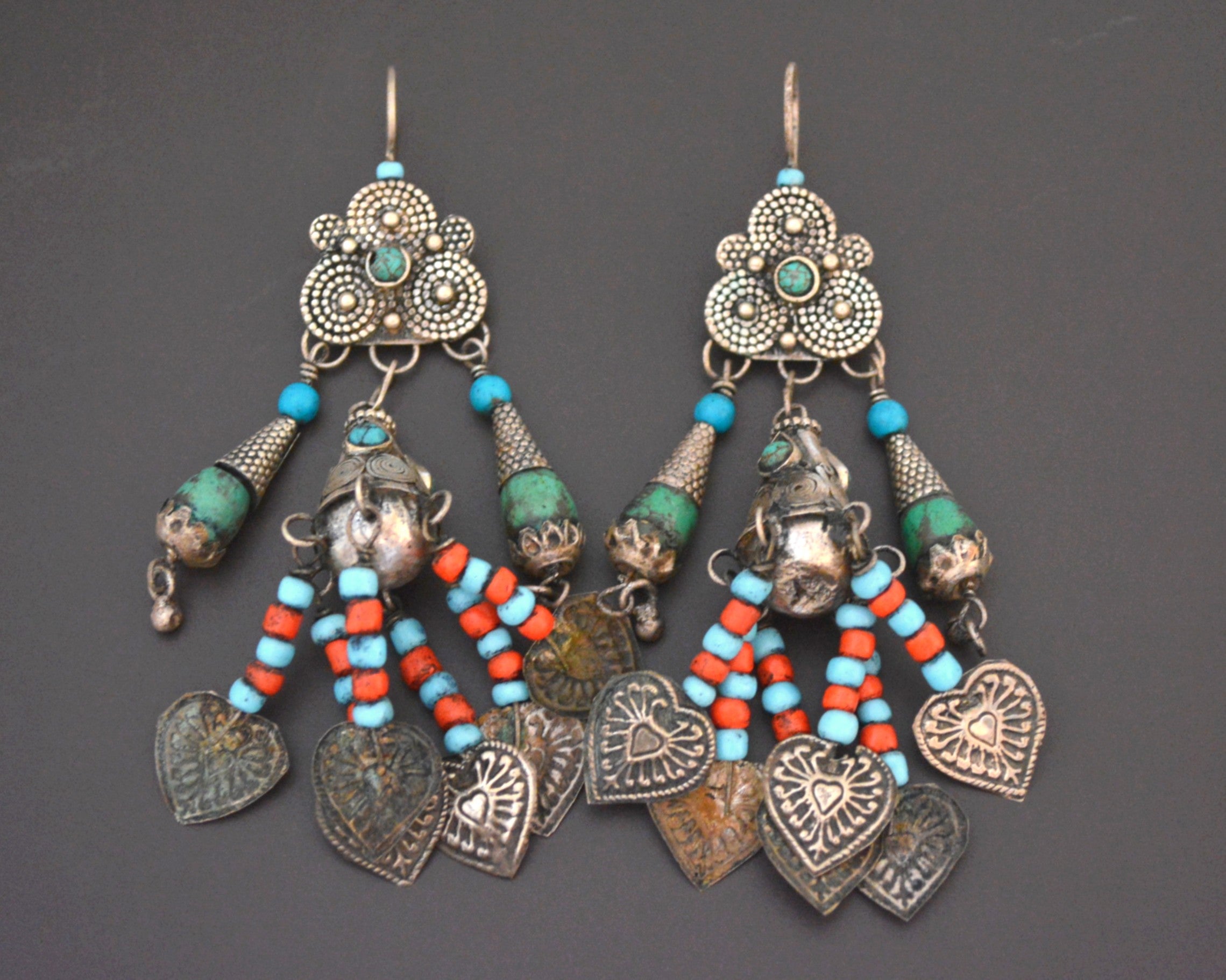 Huge Uzbek Coral Turquoise Dangle Earrings
