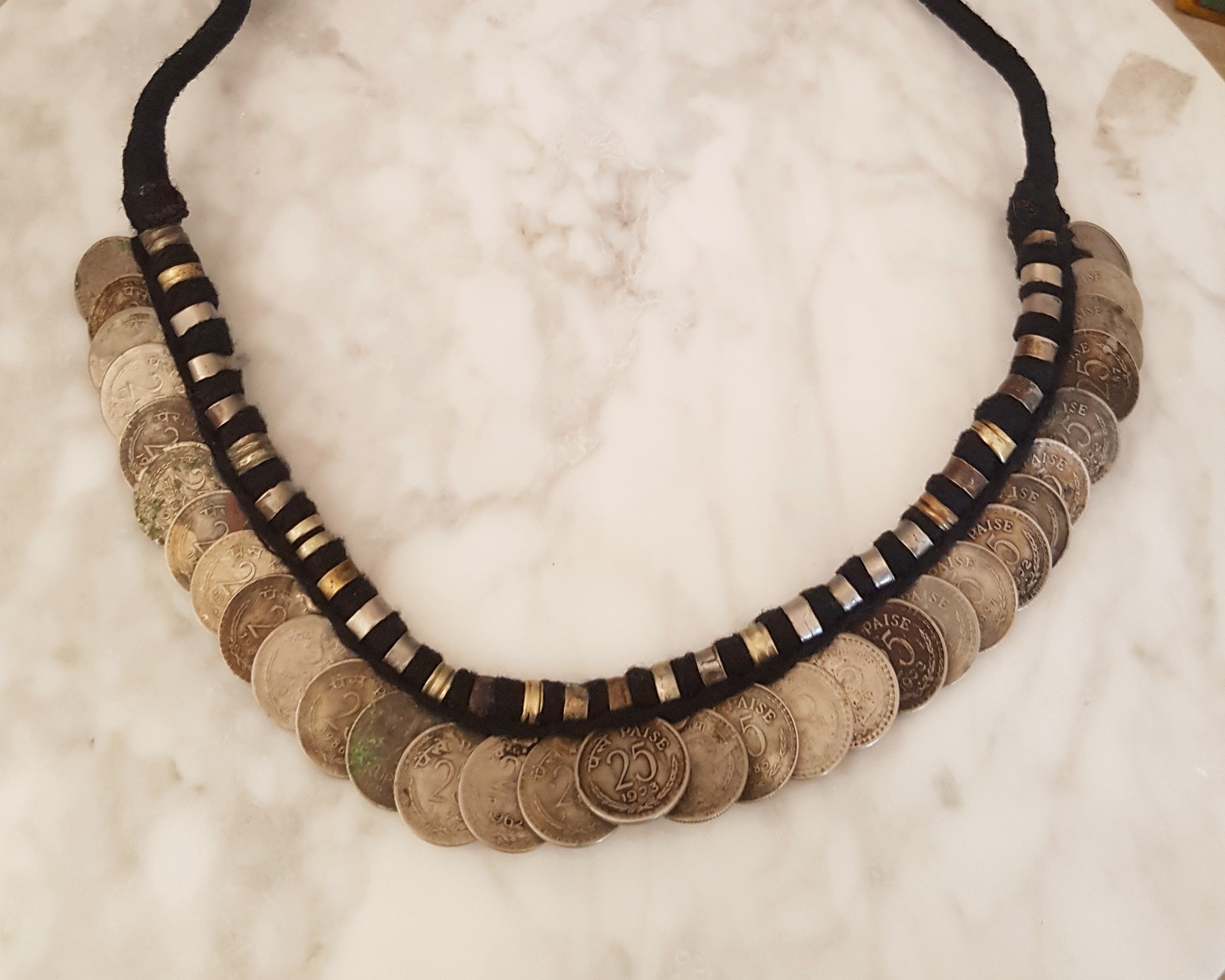 Old Indian Coin Necklace On Cotton Cord
