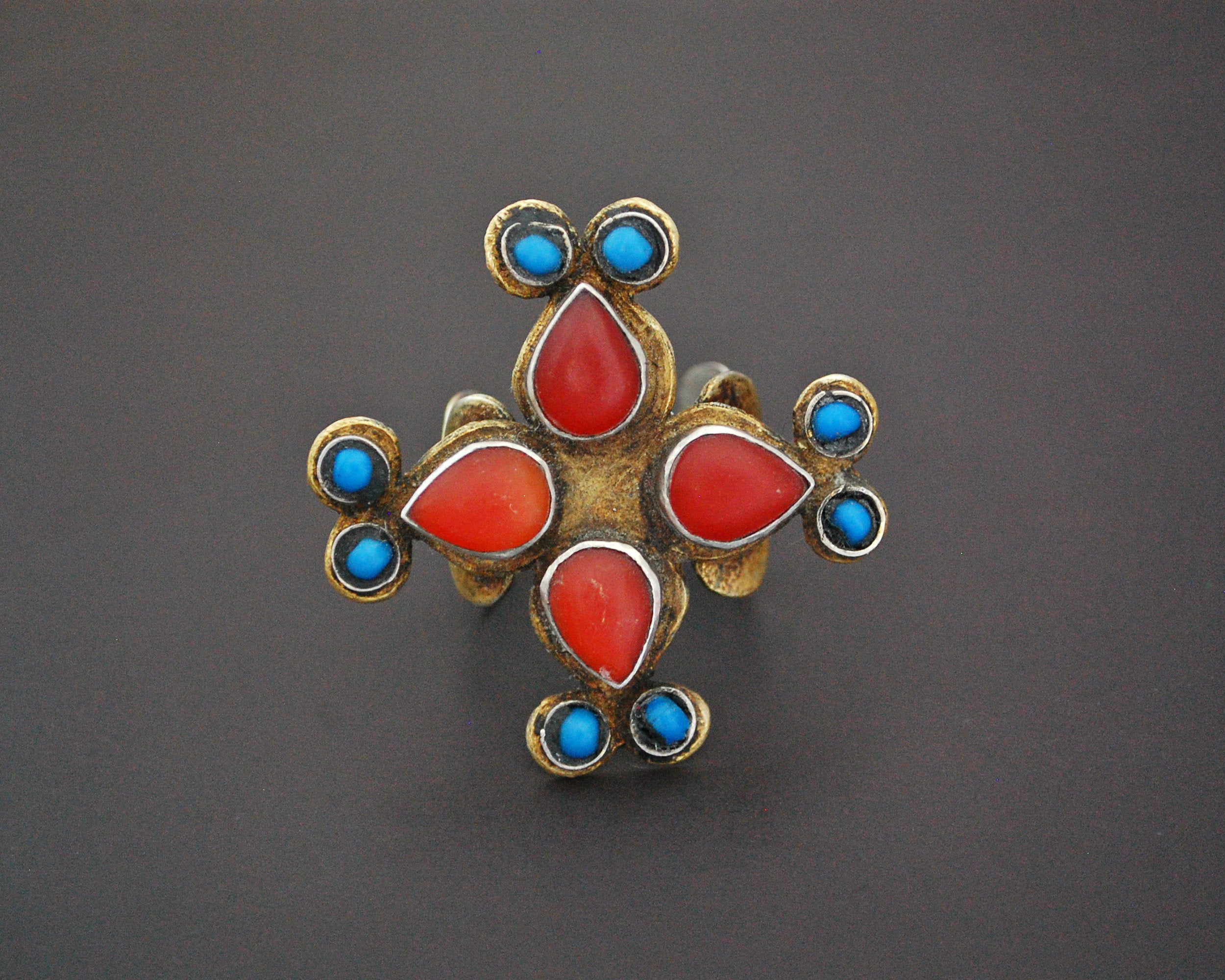 Vintage Turkmen Gilded Ring with Carnelian and Turquoise - Size 9