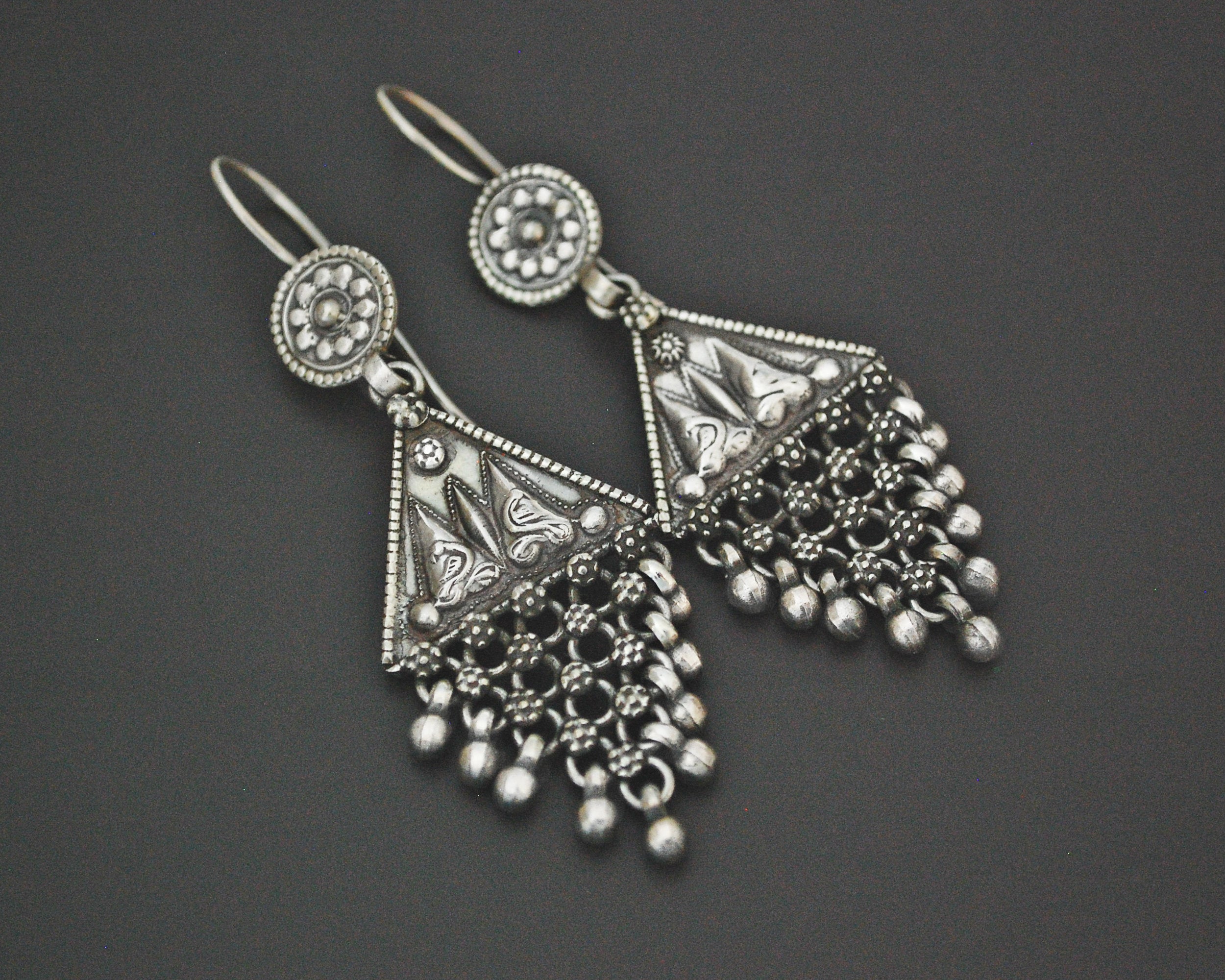 Long Rajasthani Silver Earrings with Dangles